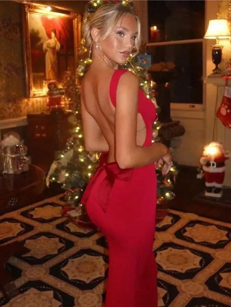 New Women's Fashion Suspender Sexy Backless Bow Slim Hip-Pack Dress For Women - 紅色 - 查看 1