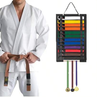 1 pezzo Organizer da parete per cinture di arti marziali, rastrelliera portatile per esposizione di cinture di karate con gancio per medaglie, supporto leggero per appendere le cinture di taekwondo, adatto per praticanti di arti marziali