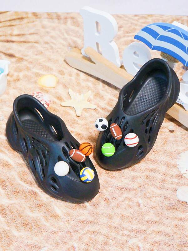 2025 New Kids & Teens Hollow Hole Shoes, DIY 3D Football/Basketball/Rugby Decorations, Summer Boys Girls Baby Sandals EVA Toddler Beach Shoes, Family Matching Casual Shoes, Campus Sneakers, Non-Slip & Durable, Multi-Functional