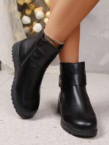 بوت الأم المقاس الكبير، بوت قصيرة دافئة مبطنة للخريف/الشتاء، كعب منحدر، مريحة، مانعة للانزلاق، سحاب جانبي، بوت نسائية