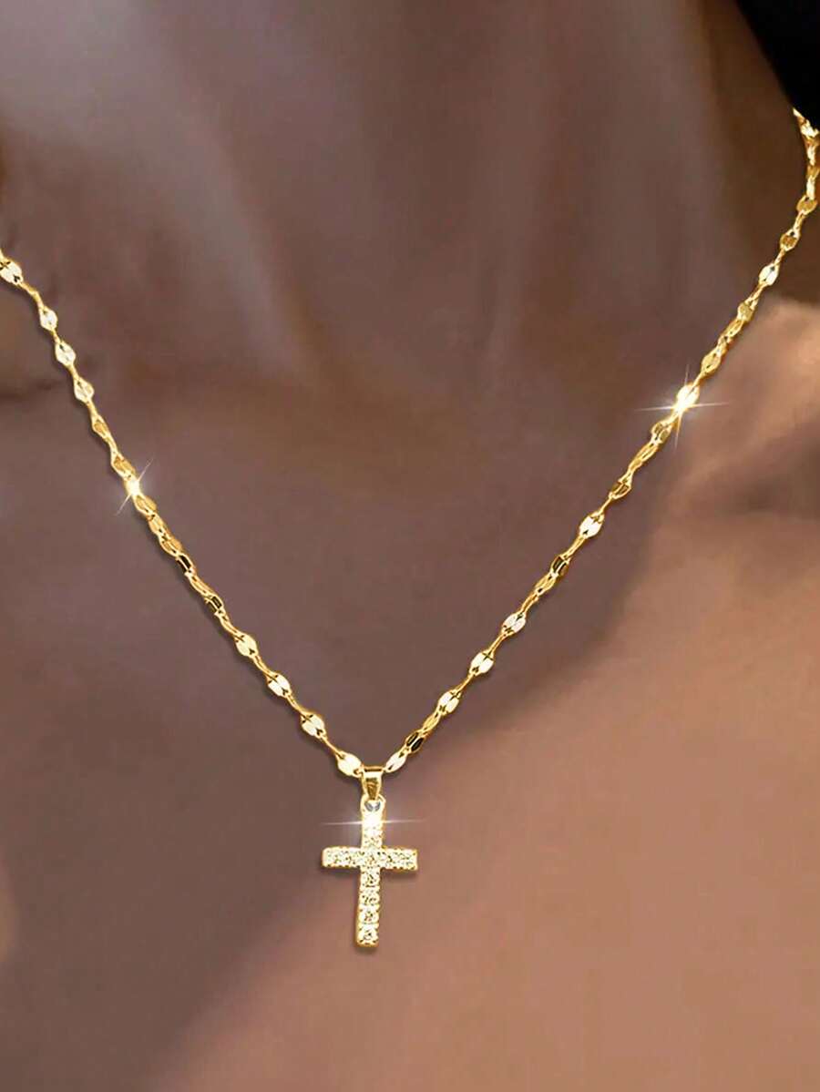 1 件 925 纯银锆石十字架项链，适合送给妈妈和家人的节日贴心礼物 - 金黃色 - 查看 1