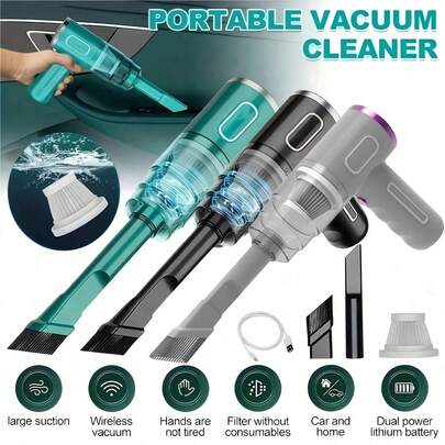 Easypie Selection Aspirador de pó portátil sem fio recarregável para carro, com filtro duplo, sucção potente, portátil, de mão, mini soprador de pó para casa e carro, adequado para limpeza doméstica para remover poeira, sujeira e pelos de animais de pisos, carpetes, superfícies de móveis, etc.