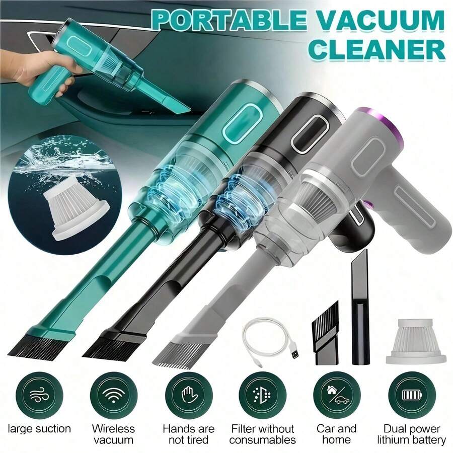 1pc Rechargeable Wireless Car Vacuum Cleaner, Equipped With Dual Filtration System, Powerful Suction, Portable Handheld Vacuum, 2000mAh Battery, Mini Dust Blower, Suitable For Home And Car Cleaning, Can Remove Dust, Dirt And Pet Hair On Floors And Carpets - Multicolor - View 1