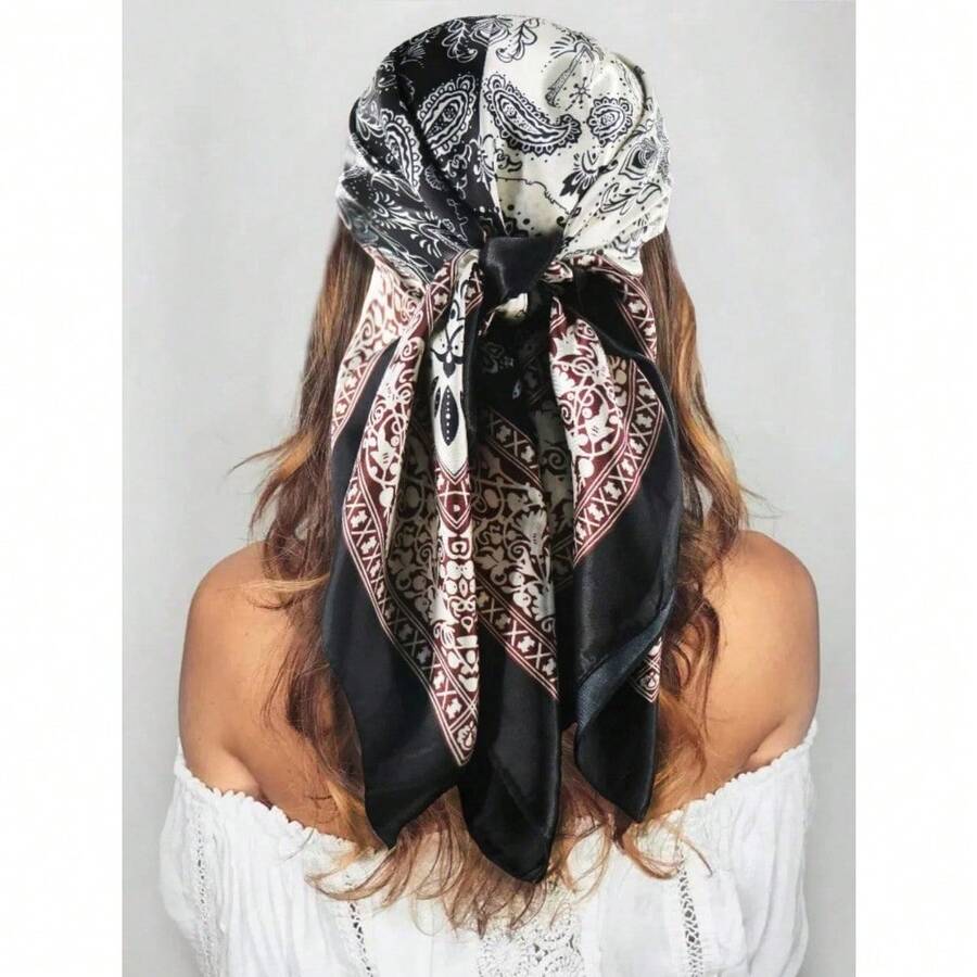 1pc Fashionable Women's Square Headscarf, 90cm Large Women's Satin Square Silk Atmosphere Hair Scarf Headscarf, Daily Clothing Matching, Gift For Her - Nâu sẫm - Xem 1