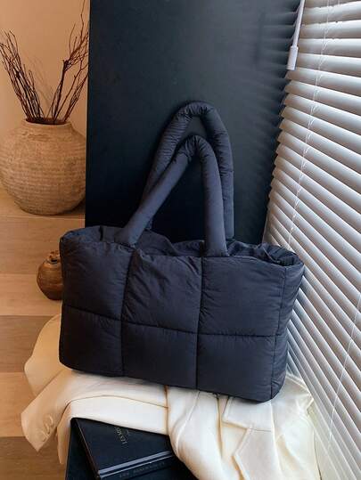 Bolsa tote feminina espaçosa, acolchoada e chique, com alça fixa e fecho de zíper para trabalho, viagens e academia - disponível em creme, roxo e preto