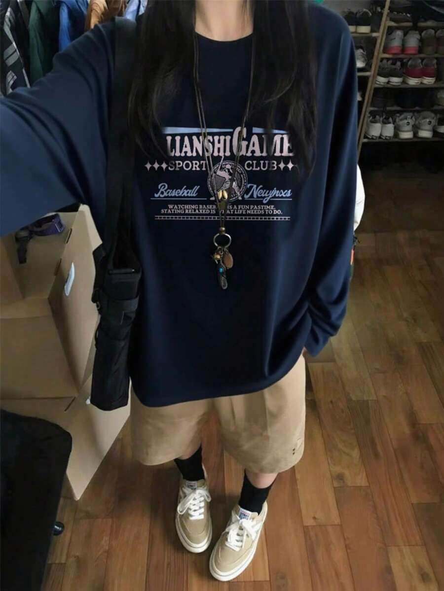 女款寬鬆版型卡通印花長袖T恤,春秋兩季百搭 - 藏蓝色 - 查看 1