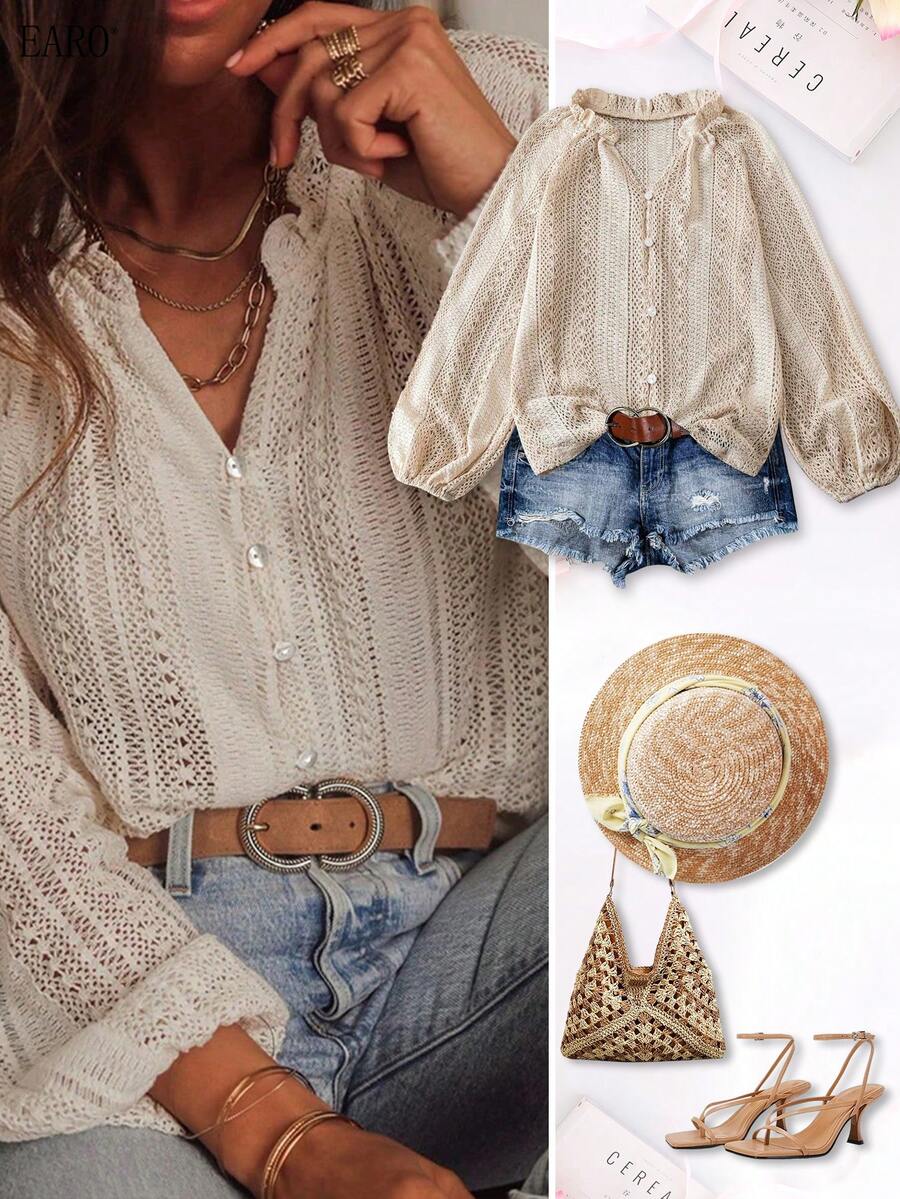 2pcs Women Shirt And Tank Top Set, Fashion Versatile Elegant Casual Loose Fit - 杏色 - 查看 1