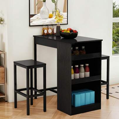 Juego de mesa de bar BALCONERA con 2 taburetes (negro) – Mesa de comedor de 3 piezas con 3 estantes, estructura de metal sobre taburetes, juego de comedor para 2 personas – Ideal como mesa de desayuno para el hogar y la cocina