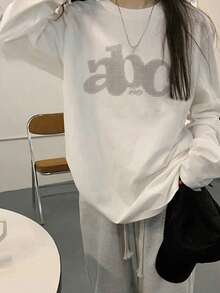 女士宽松卡通印花长袖棉质T恤，百搭春秋装 - 白色 - 查看 1