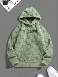 Men's Jacquard Letter Embroidered Fleece Pullover Sweatshirt, Fall Winter - Olive Green - View 3