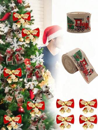 6 st. gör-det-själv elegant tygbandsgirlang, rött band med klockrosé, lämplig för julgranar, fester, bröllop - ingen el krävs, lätt att hänga dekorationer - perfekt för jul, Thanksgiving, nyår, Halloween - familjevänlig dekorationsplan, festdekoration, premiumtextur, festlig atmosfär, julgransdekoration, högtidsdekoration, nyårsdekoration juldekorationer vinterrumsdekor