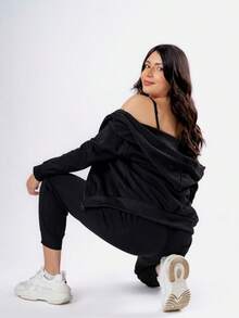 Conjunto de 2 piezas, sudaderas casuales con capucha de manga larga y pantalones de chándal a juego para primavera y otoño - Negro - Ver 5