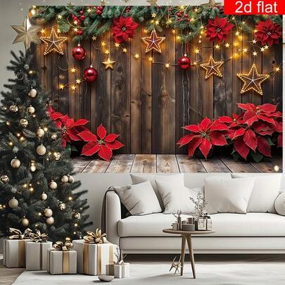 1 faixa de fundo para fotografia de Feliz Natal, padrão de luminária de parede de madeira vintage, design requintado com quatro furos para fácil suspensão, adequado para decoração de parede de casa na véspera de Ano Novo no inverno