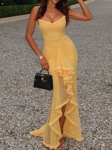 New Women's Style Elegant Spaghetti Strap Lace Long Dress, Sexy Spaghetti Strap Dress - 黃色 - 查看 1