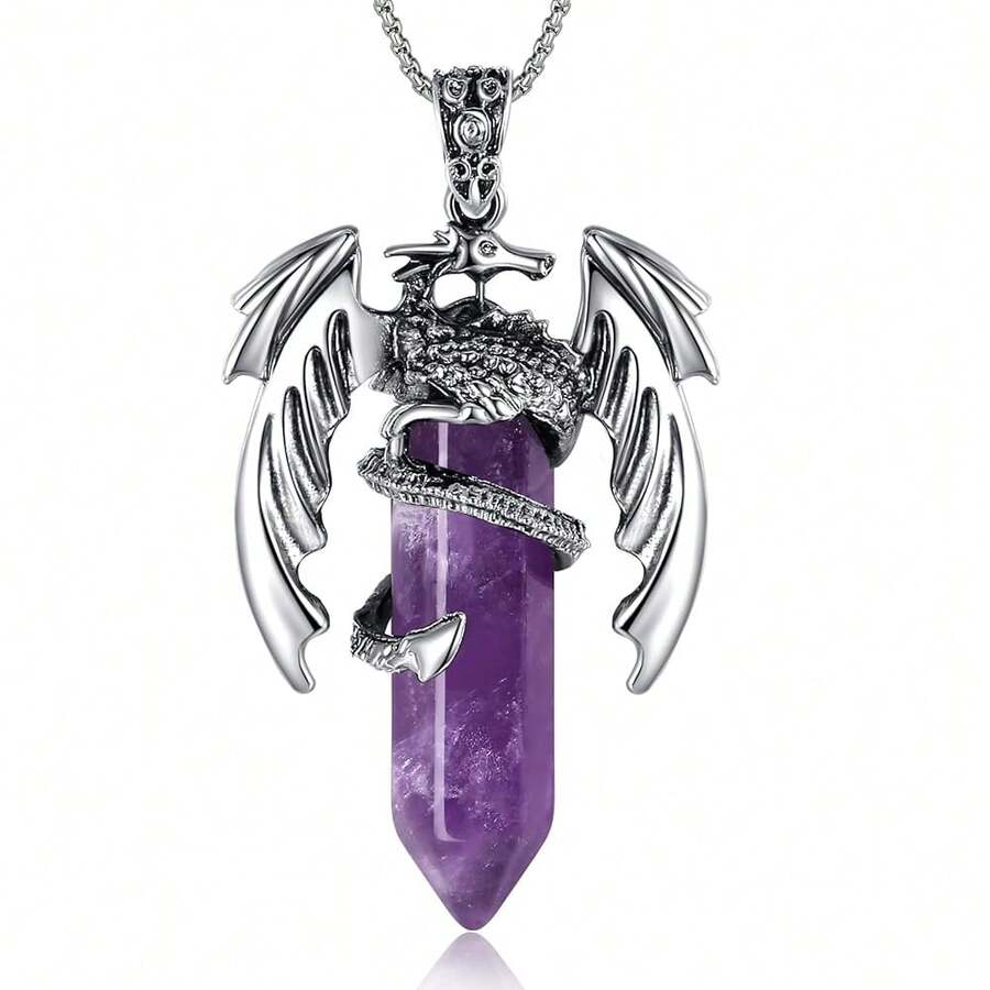 MAIBAOTA Dragon Necklace For Men Women Crystal Necklace Cool Mens Necklaces Dragon Jewelry Natural Gemstone Necklace-564022 - 01紫色-紫水晶 - 查看 1