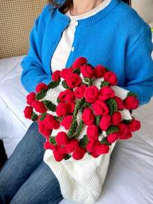 1PC Finished Rose Blanket A Bouquet Of Rose Flowers Handmade Crochet Acrylic Grace Fuzzy Sweater Lily Of The Valley Throw With Milk Rose Fringe Bed Couch Mother's Day Gift Just For Mommy