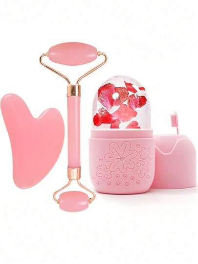 Set de 3 rodillos de masaje de hielo - Rodillo de masaje facial de enfriamiento, herramienta de masaje facial, rodillo de masaje de silicona con hielo, rodillo masajeador de cuarzo rosa con tabla Gua Sha, para aliviar la hinchazón facial y ocular, masajeador facial, moldeado del contorno, cuidado de la piel y brillo, adecuado para ojos, cuello y rostro, molde de rodillo de masaje de hielo - Herramientas de cuidado de la piel. Productos de masaje de hielo de verano, artículos de oficina, artículos de estudio, artículos esenciales de viaje