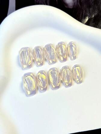 10 件中号 T 形按压指甲，裸色 - 粉色底色和金色彩虹光泽，简约半透明设计，100% 手工制作，可重复使用的丙烯酸指甲用品，适合女性日常或办公室佩戴