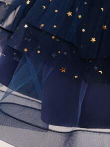 女童无袖圆领亮片蝴蝶结薄纱拖尾蓬蓬裙，优雅大方，适合婚礼和派对穿着，不含头饰 - 藏蓝色 - 查看 8