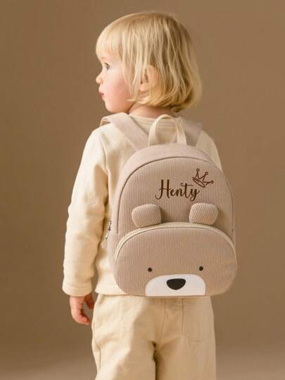 Sac à dos ours kaki pour la rentrée scolaire - Nom personnalisé et broderie multi-motifs, sac d'école mignon et de dessin animé pour enfants, multifonctionnel, ornemental, lettrage, élégant, moderne, coloré, mignon, adorable, décontracté, personnalisé, personnalisé, unique, idéal pour lui, idéal pour elle, enfants, Urban Gala, mode de la rentrée scolaire