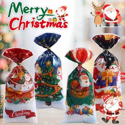 50 Stück Weihnachts-Süßigkeitentüten, Weihnachtsmann-Geschenktüten, Feiertags-Party-Gastgeschenke, Plätzchen-OPP-Flachtüten