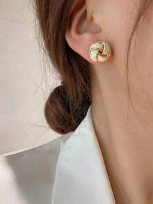 2pcs Maillard Earrings, Beige & Gold Color Earrings Women, Unique Design, Retro French Style, Warm Color Elegant Earrings - trắng - Xem 3