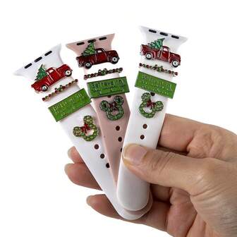 4pcs/Set Christmas Element Decorative Rings, Made Of Zinc Alloy Metal, Compatible With Apple// Silicone Watch Bands Decoration (Watch Bands Not Included)