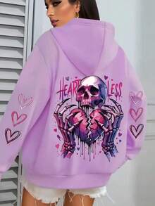 Plus Size Heart And Love Print Hoodie, Casual Long Sleeve Pullover With Pockets, Suitable For Autumn And Winter Season, Plus Size Clothing For Women