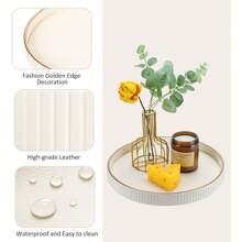 Plateau décoratif rond à rayures verticales avec bordure dorée, plateau en PU pour la décoration de table, la décoration de la maison, le rangement de bureau pour les bijoux, les parfums, les clés - Esthétique de luxe