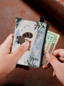 1 pieza Monedero compacto con cremallera, bolsa con cremallera de poliéster resistente y de moda, diseño de estampado gráfico de mapache lindo, ideal para guardar monedas y pequeños artículos esenciales, cierre , regalo de novedad, material duradero, fácil de cuidar, regalo festivo/navideño