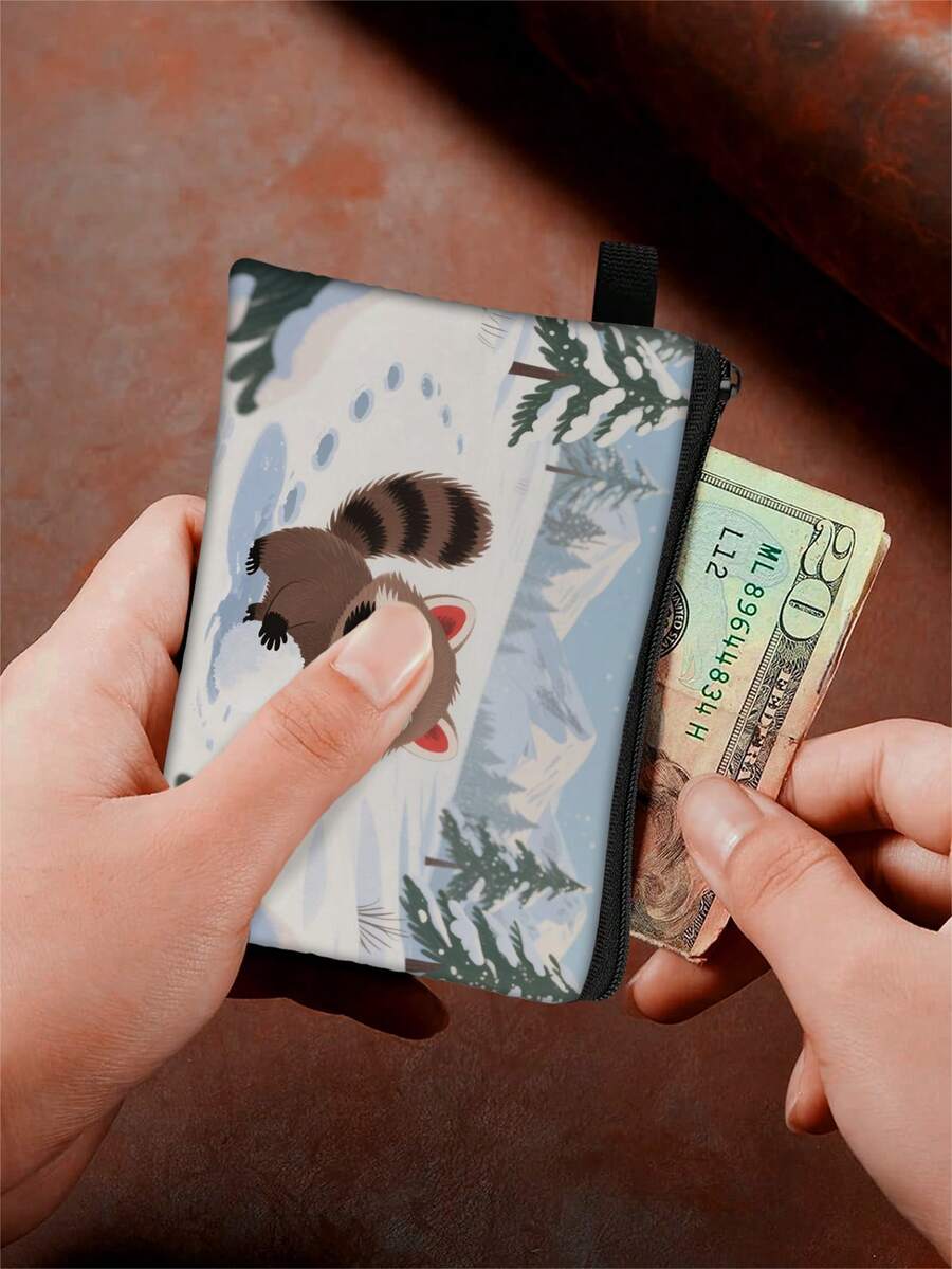 1 pieza Monedero compacto con cremallera, bolsa con cremallera de poliéster resistente y de moda, diseño de estampado gráfico de mapache lindo, ideal para guardar monedas y pequeños artículos esenciales, cierre , regalo de novedad, material duradero, fácil de cuidar, regalo festivo/navideño