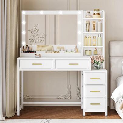 HEXCELEN Penteadeira, penteadeira com espelho grande, penteadeira com 5 gavetas, 5 compartimentos abertos, espaço de armazenamento em frente ao espelho, moderno, branco, 40 * 110 * 141 cm
