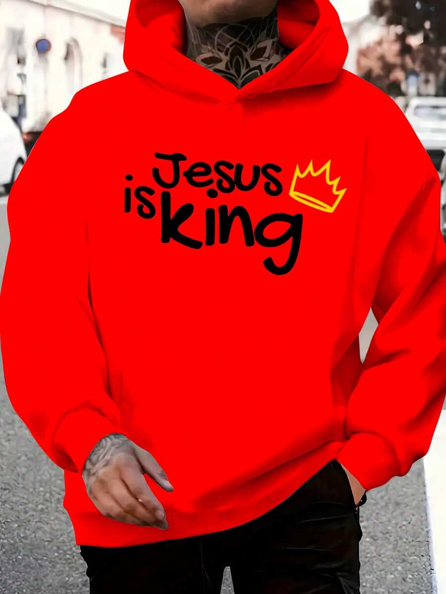 Moletom Masculino "JESUS IS KING COROA" Super Confortável Estampa Frente Capuz e Bolso - Vermelho - Visão 1
