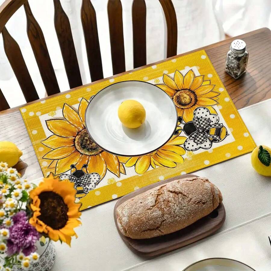 4 pièces Sets de table en lin imprimé tournesol - Sets de table rectangulaires en lin tressé pour la salle à manger, la cuisine, la table de café, la décoration de la table de salle à manger