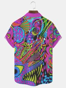 抽象艺术印花男式加大码短袖纽扣口袋夏威夷衬衫，夏季