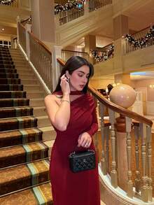 Vestido de mujer de unicolor, de manga larga, con dobladillo oblicuo fruncido, sexy, para vacaciones, fiestas, Navidad, otoño/invierno