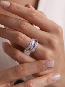 1pc 925 Sterling Silver Ring, Versatile Daily Wear, Party Accessory, High-Quality Women's Ring, Exquisite Jewelry Gift - Multi-layer Diamond Chips - View 2