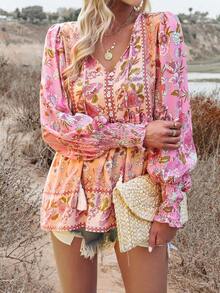 Plus Size Women V-Neck Ruffle Trim Patchwork Lightweight Long Sleeve Blouse - Pink - View 2