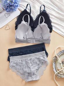 2套女士舒适花朵蕾丝无钢圈文胸内衣套装