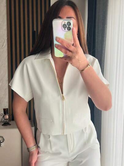 Women's Short Jacket, Short Sleeve Bomber Jacket, Black/White/Brown Zipper Jacket, Spring/Summer/Autumn