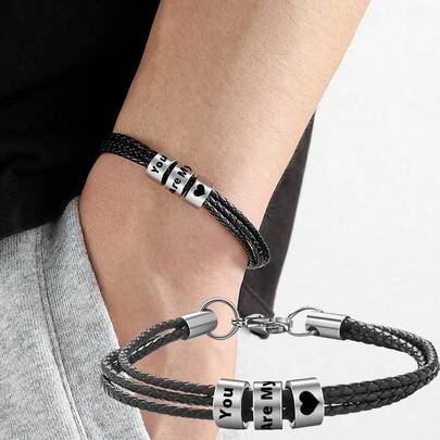 Personalized Men's Leather Bracelet, Black Leather Strap, Stainless Steel Beads, Laser Engraved Family Name, Date, Symbol, Letter, Number, Holiday, Birthday Gift