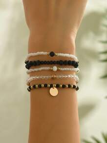 PHCOO 5pcs/Set Elegant Alloy Round Disc Pendant, CCB Faux Crystal Resin Beaded Elastic Bracelets, European & Boho Style For Women