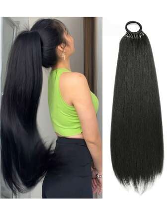 26/34 بوصة شعر اصطناعي إكسسوارات ذيل الحصان مع حزام مطاطي، شعر طبيعي طويل مستقيم باللون الأسود والبني، إكسسوارات شعر DIY ذيل حصان مستقيم، مناسبة للنساء للاستخدام اليومي وارتداء في المناسبات