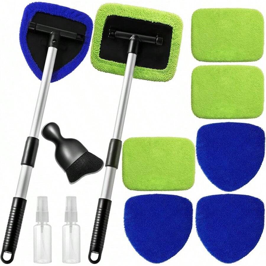 11pcs Auto Windshield Cleaning Kit With 6 Reusable Microfiber Pads, 2 Spray Bottles, Extendable Handles - Green, Popular Auto Cleaning Essential - Blue & Green - 查看 1
