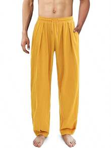 ESTAMICO Men's Cotton Linen Casual Yoga Pants Loose Fit Elastic Drawstring Waist Summer Beach Pant - Dark Yellow - 查看 1