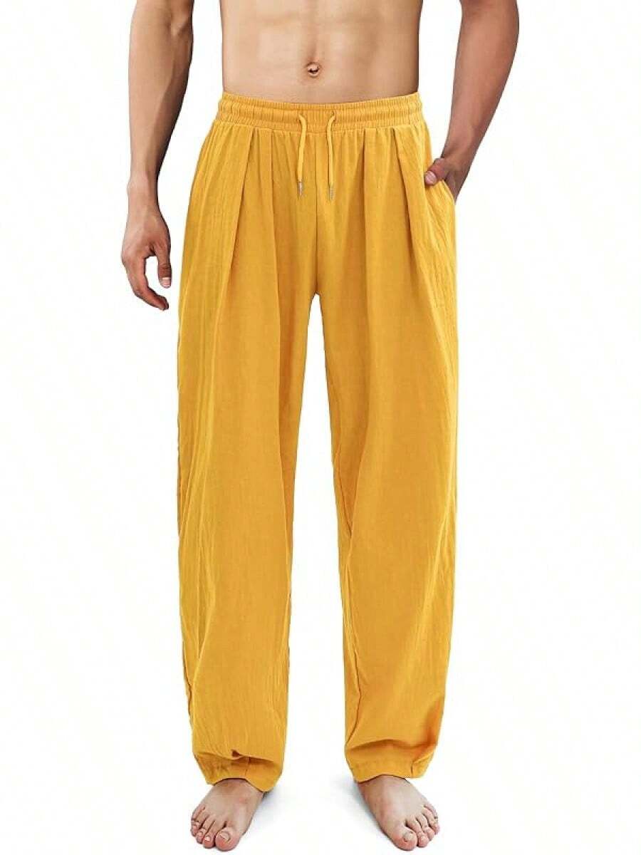 ESTAMICO Men's Cotton Linen Casual Yoga Pants Loose Fit Elastic Drawstring Waist Summer Beach Pant - Dark Yellow - 查看 1