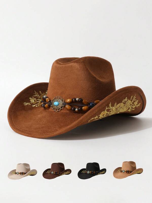 1pc Unisex Wooden Bead Decor Embroidered Cap, Minimalist Cowboy Hat, Versatile For Daily Wear, Birthday Party, Gathering, Western Themed Events, Music Festivals