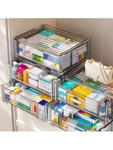 1-Pack Transparent Medicine Storage Cabinet With Sliding Doors - Multi-Drawer Organizer For Home, Bathroom & Kitchen - Durable Plastic No Assembly Required, Compact Space-Saving Design, Modern Home Accessory, Sleek Construction