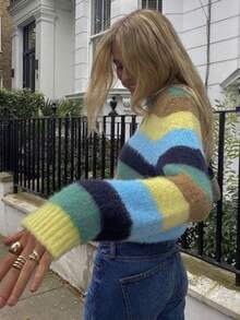 Women's Striped Casual Chic Pullover Long Sleeve Knit Sweater, Colorful Striped Knitted Versatile For Back To School, Party, Travel, Daily Wear, Autumn/Winter