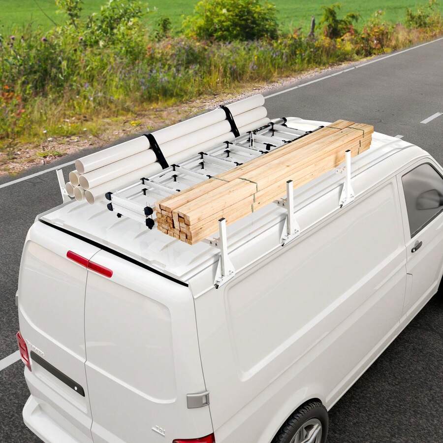 Trailer Ladder Rack, 54" 3 Crossbars Ladder Roof Rack, Heavy-Duty Steel Van Roof Ladder Rack, 800 Lbs Capacity Van Ladder Rack With Straps, Fit For Transit 150, 250, 350, 2015-2022 - White - View 1